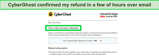 Screenshot of CyberGhost refund confirmation email