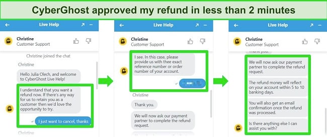 Screenshot of a live chat with a CyberGhost agent highlighting messages confirming a refund approval