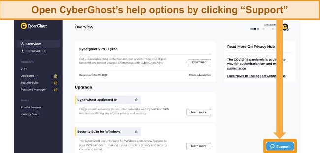 Screenshot highlighting a CyberGhost's customer support button