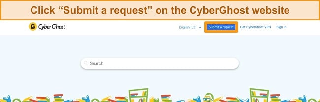 Screenshot highlighting the submit a request button on CyberGhost support page.