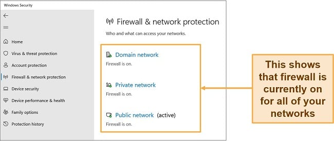 Screenshot of Windows Security app showing Firewall & network protection status