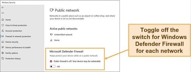 Screenshot of Windows Security app showing Microsoft Defender Firewall turned off