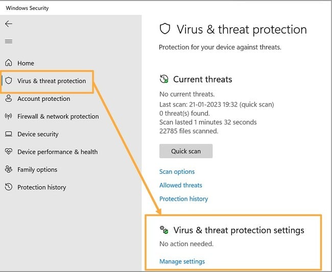 Zrzut ekranu aplikacji bezpieczeństwa systemu Windows pokazujący status ochrony wirusa i zagrożenia