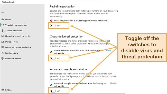 Screenshot of Windows Security app showing Virus and threat protection turned off