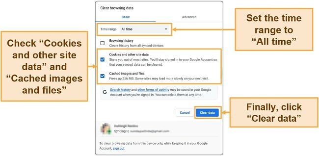 Screenshot of Google Chrome displaying settings for clearing cache and cookies