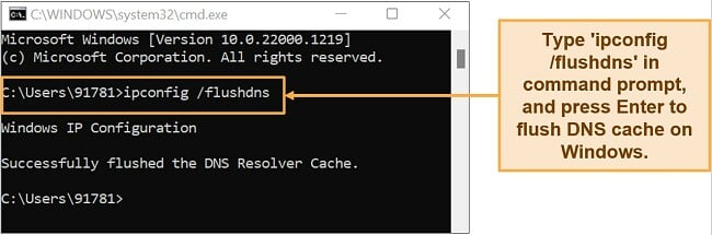 Screenshot of command prompt running command for clearing DNS cache