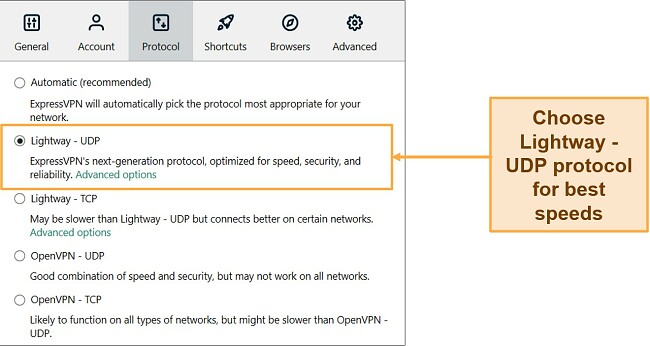 Screenshot of ExpressVPN interface showing Lightway - UDP protocol selected