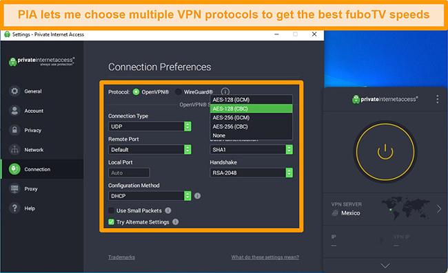 Screenshot of PIA's user interface showing VPN protocols and other options
