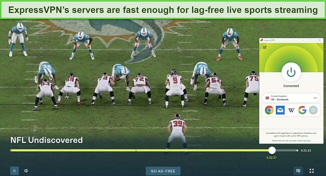 Screenshot of NFL Undiscovered playing on ITVx while ExpressVPN is connected to a server in the UK