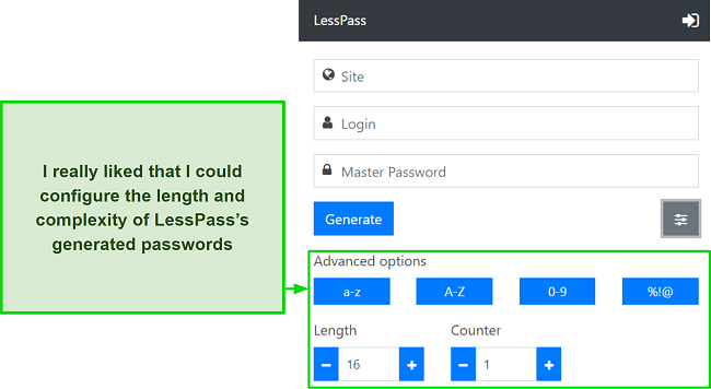 Screenshot of LessPass's advanced password generator dashboard