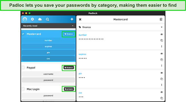 Screenshot of Padloc's dashboard with passwords saved by categories