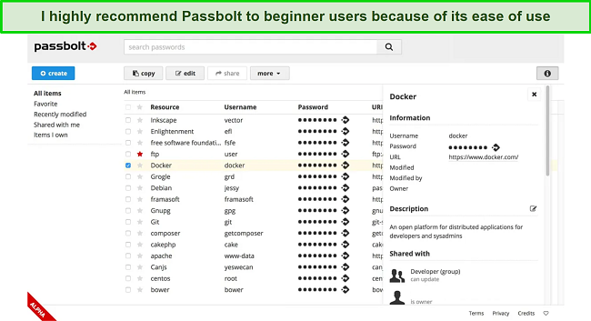 Screenshot of Passbolt's easy-to-navigate user interface