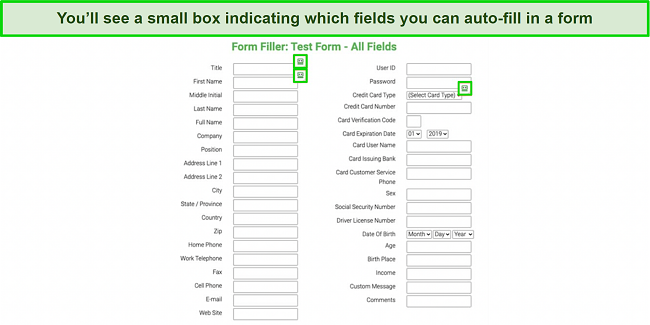 Screenshot of a test form being autofilled by Roboform's auto-fill feature