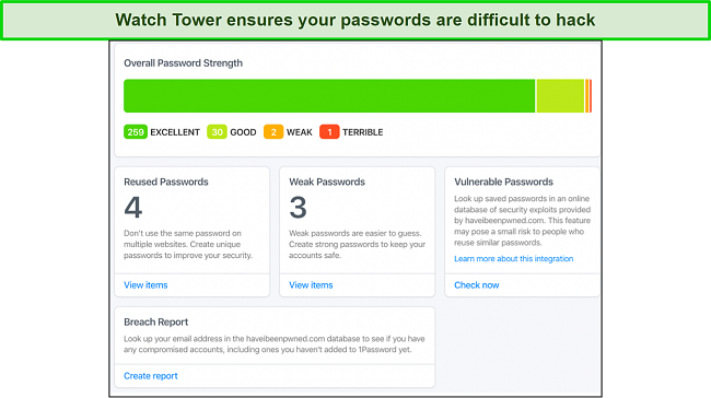 Screenshot of 1Password's Watchtower detecting vulnerable passwords