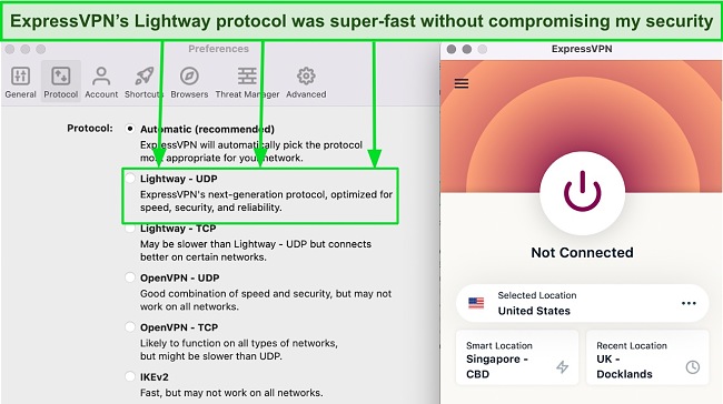 Screenshot of ExpressVPN's list of protocols, including Lightway
