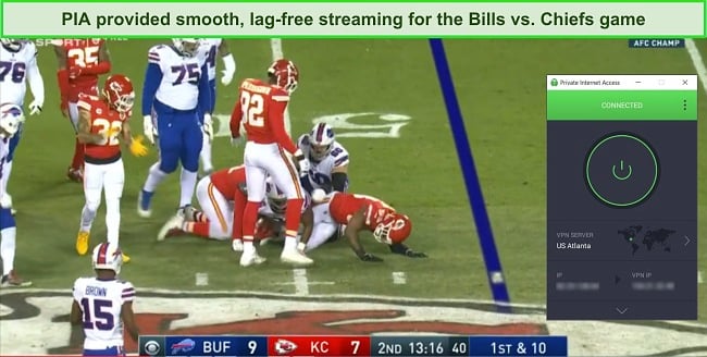 Screenshot of Bills vs. Chiefs game playing while PIA is connected to a server in the US.