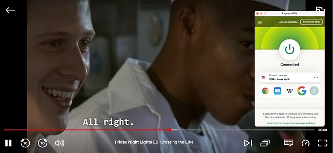 Screenshot der Wiedergabe von „Friday Night Lights“ auf Netflix US, während ExpressVPN mit Los Angeles, USA, verbunden ist