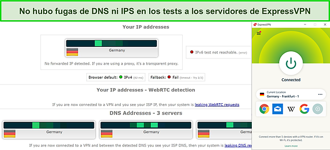 Captura de pantalla de una prueba de fuga de DNS e IP en el servidor alemán de ExpressVPN.