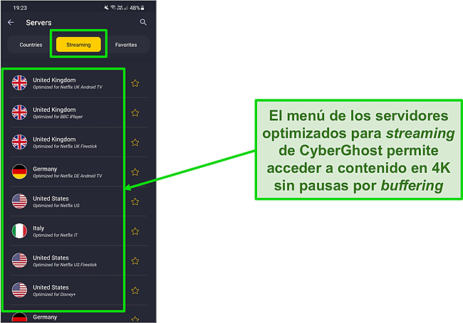 Captura de pantalla de los servidores optimizados para transmisión en la aplicación Android de CyberGhost.