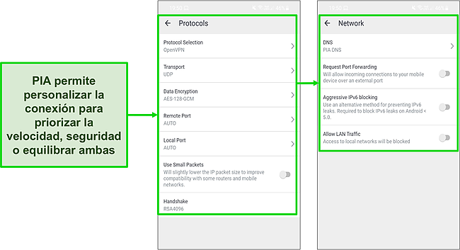 Captura de pantalla de la configuración de seguridad de PIA en Android.