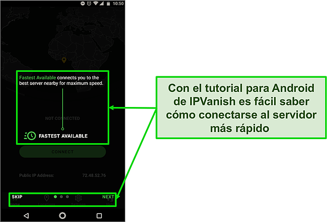 Captura de pantalla del tutorial introductorio de IPVanish en Android.