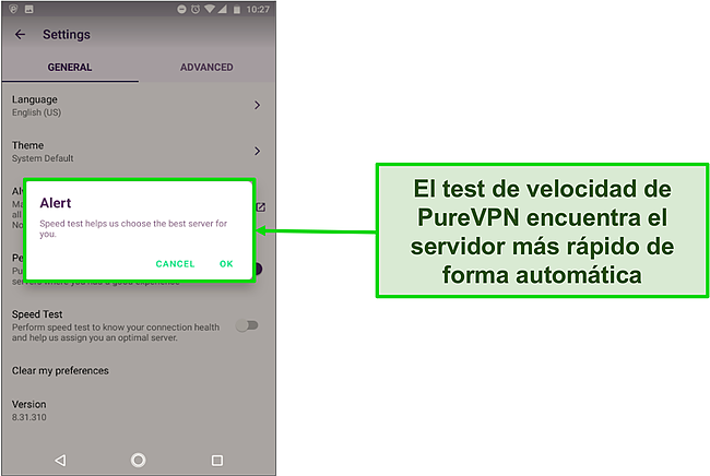 Captura de pantalla del mensaje de alerta de prueba de velocidad en la aplicación Android de PureVPN.