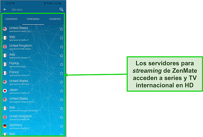 Captura de pantalla de la lista de ZenMate de servidores optimizados para transmisión en Android.