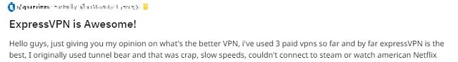 Screenshot of ExpressVPN's positive user review comments on Reddit