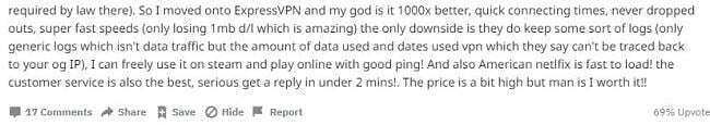 Screenshot of ExpressVPN's positive user review comments on Reddit about ExpressVPN's fast speeds, good ping time, and fast loading on streaming sites like Netflix