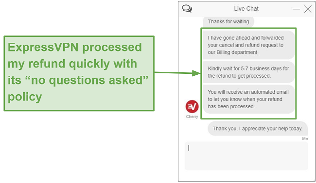Screenshot of ExpressVPN refund through live chat.