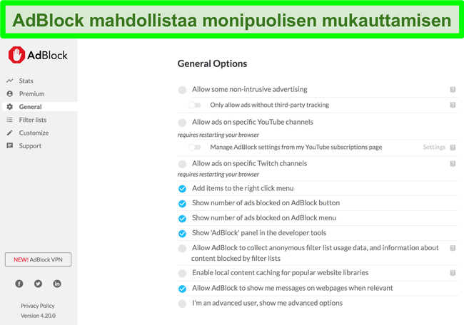 Näyttökuva, joka näyttää AdBlockin monia mukautusvaihtoehtoja