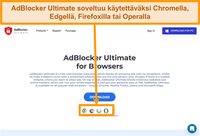 Näyttökuva AdBlocker Ultimate -sivustosta, joka näyttää käytettävissä olevat neljä verkkoselaimen laajennusta