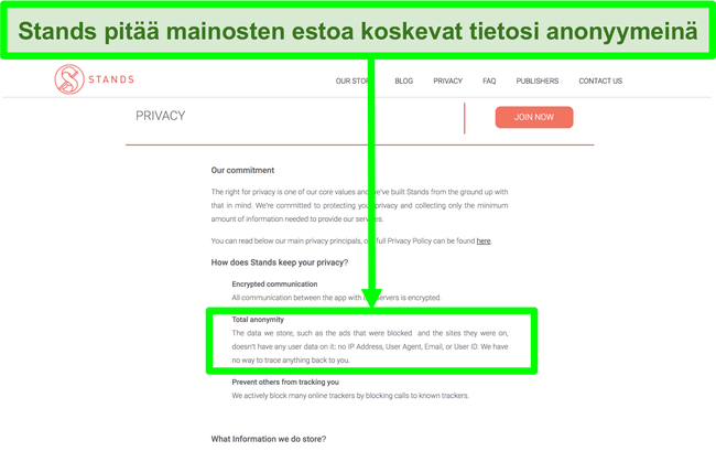 Näyttökuva Stands-verkkosivustosta, jossa todetaan, että sillä olevia tietoja estetyistä mainoksista ei koskaan linkitetä käyttäjien henkilökohtaisiin tietoihin