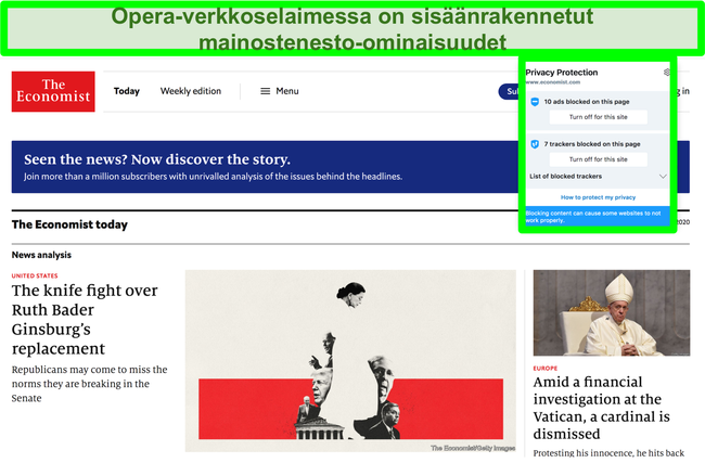 Näyttökuva Opera browerin sisäänrakennetusta mainosten estosta, joka poistaa mainokset TechCrunch-verkkosivustolta