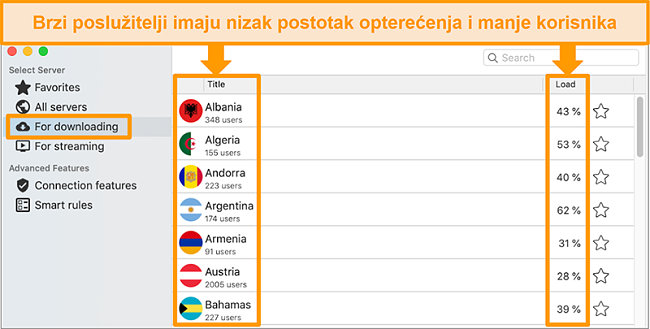  Snimka zaslona aplikacije CyberGhost i popisa poslužitelja 