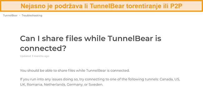 Snimka zaslona stranice za rješavanje problema programa TunnelBear o dijeljenju datoteka