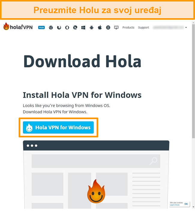Snimka zaslona stranice za preuzimanje Hola VPN-a