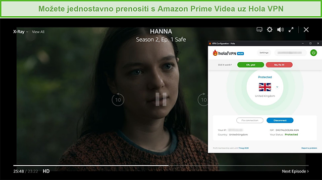 Snimka zaslona Hola VPN-a koji je deblokirao HANNA na Amazon Prime Video