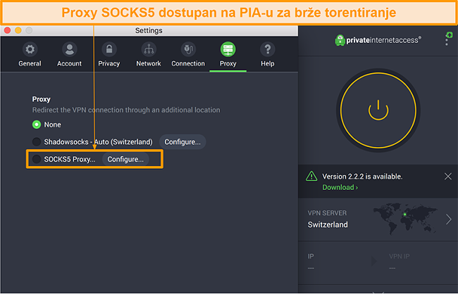 Snimka zaslona sučelja aplikacije PIA koja prikazuje postavku proxy opcije SOCKS5