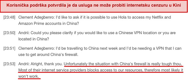 Snimka zaslona odgovora korisničke podrške o neučinkovitosti Hola VPN-a u Kini