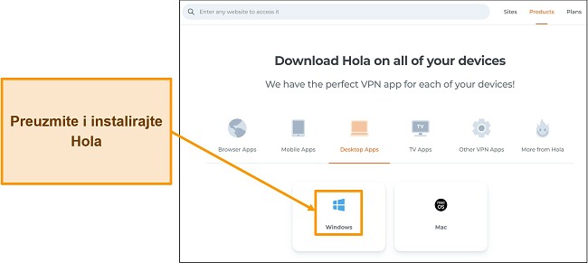 Snimka zaslona odjeljka za preuzimanje aplikacije Hola VPN web stranice