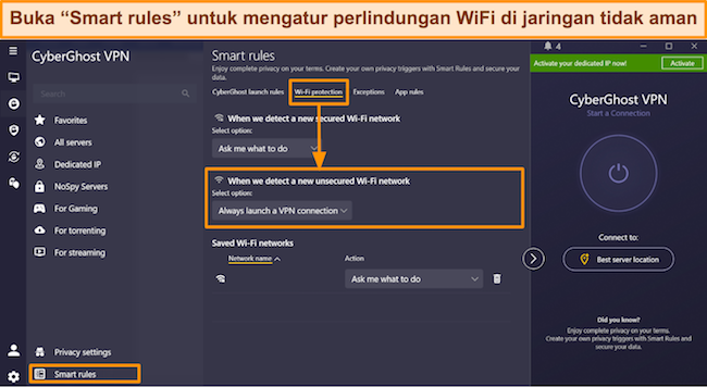 Cuplikan layar pengaturan perlindungan WiFi CyberGhost di aplikasi Windows