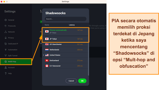 Tangkapan layar opsi proxy di aplikasi PIA