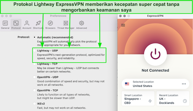 Tangkapan layar daftar protokol ExpressVPN di aplikasi desktopnya, termasuk Lightway