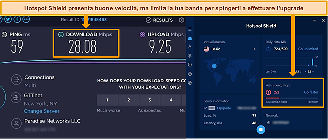 Screenshot di Hotspot Shield connesso al server gratuito con un risultato del test di velocità, che evidenzia le velocità di download e la limitazione della larghezza di banda.