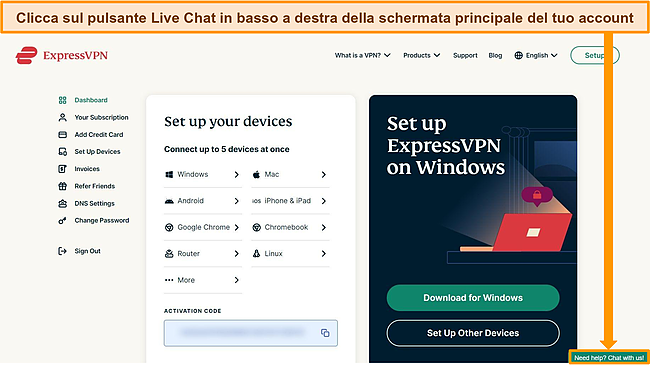 Screenshot della dashboard dell'account ExpressVPN con il pulsante Live Chat evidenziato.