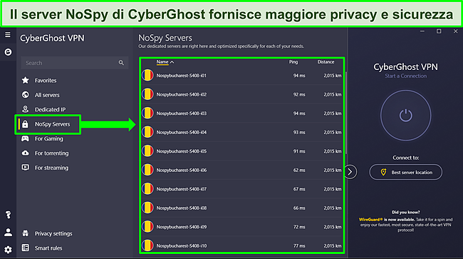 Screenshot dell'app Windows di CyberGhost che mostra l'elenco dei server NoSpy.