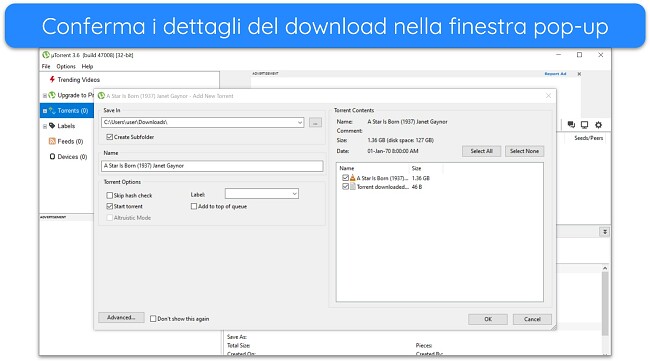 Screenshot della finestra pop-up dei dettagli del download su uTorrent