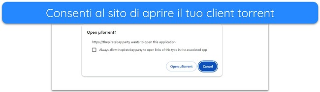 Screenshot della notifica per l'apertura del client uTorrent
