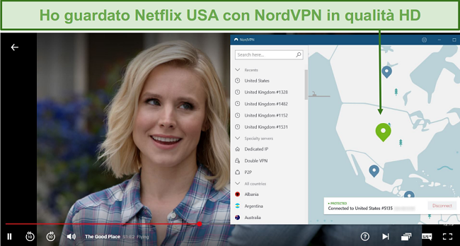 Screenshot dello streaming di The Good Place su Netflix con NordVPN connesso a un server statunitense